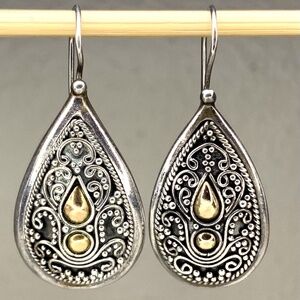 Sterling Silver and 18k Gold Indonesian Dangle Earrings Signed BA
